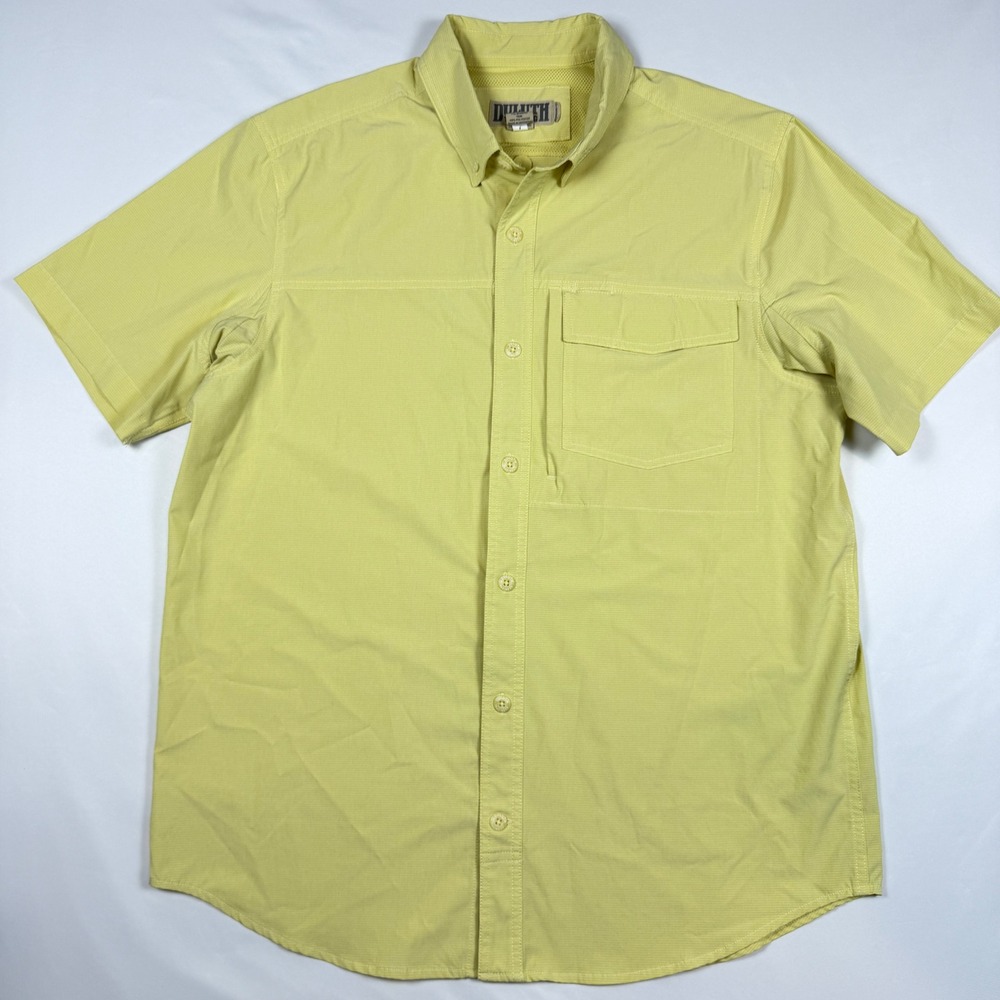Duluth Trading Co Button Down Shirt Mens Large Yellow Short Sleeve Vented Hiking